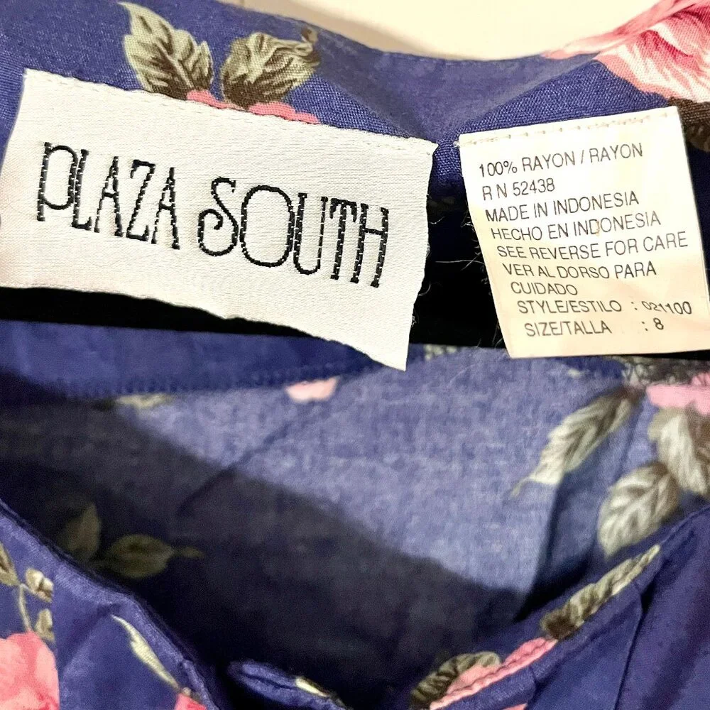 Vintage Plaza South Pleated Pearl Button Floral Dress Cottagecore Blue Pink Sz 6
